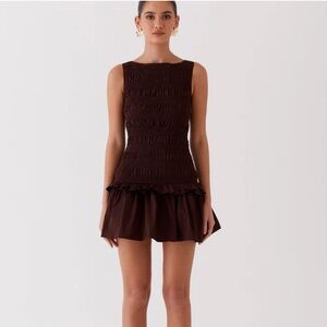 Peppermayo Garden Kisses Shirred Mini Dress-Brown